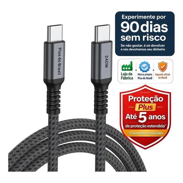 Plus Do Brasil Cabo Tipo C Duplo 240W — 2m com Chip E‑mark