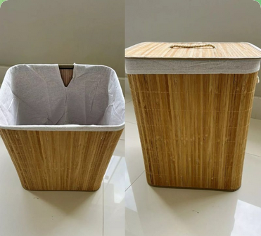 Cesto de Roupa Suja Bambu Tampa Alças 50L