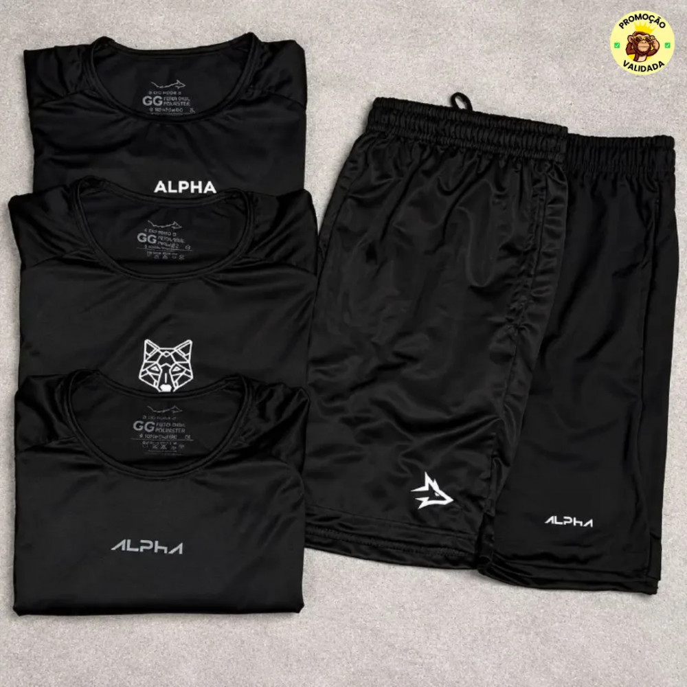 ALL BLACK PRA ACADEMIA Kit com 5 pecas Dry All Black Alpha 3 Camisetas 2 Bermudas
