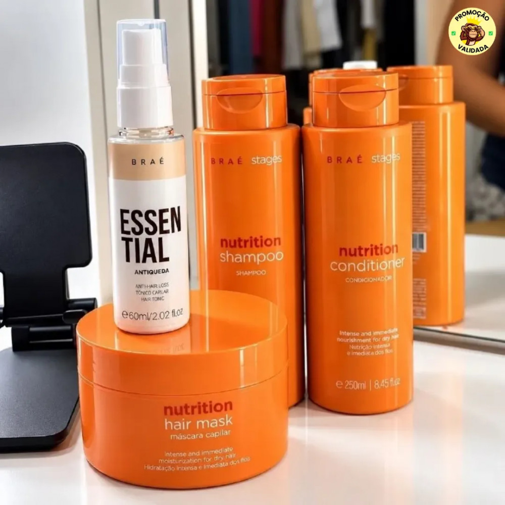 Kit Brae Stages Nutrition Shampoo 250ml Condicionador 250ml Mascara 200g Essential 60ml