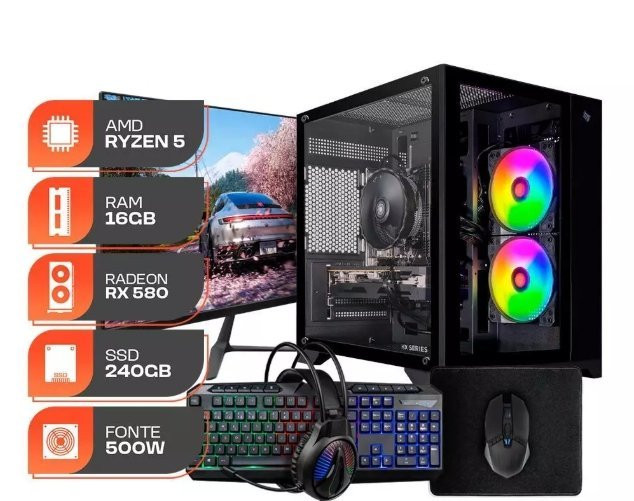 PC Gamer Forge Ryzen 5, RX 580, 16GB, SSD 240GB, Monitor 23 180Hz