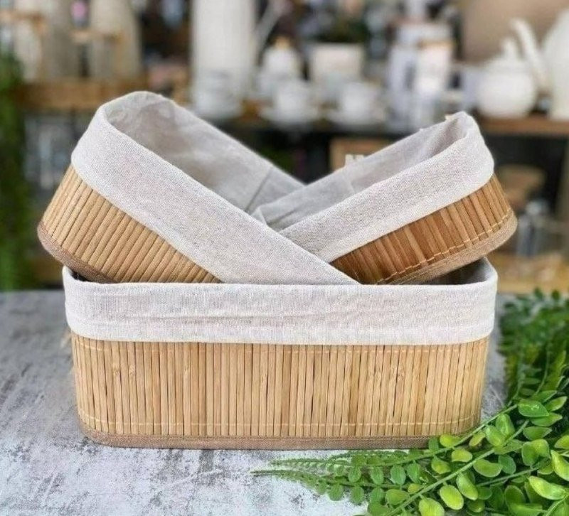 Kit 3 Cestos Organizadores de Bambu Retangulares com Forro Lavável
