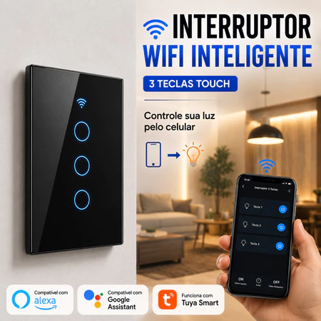 Interruptor Touch WiFi Alexa Vidro Preto