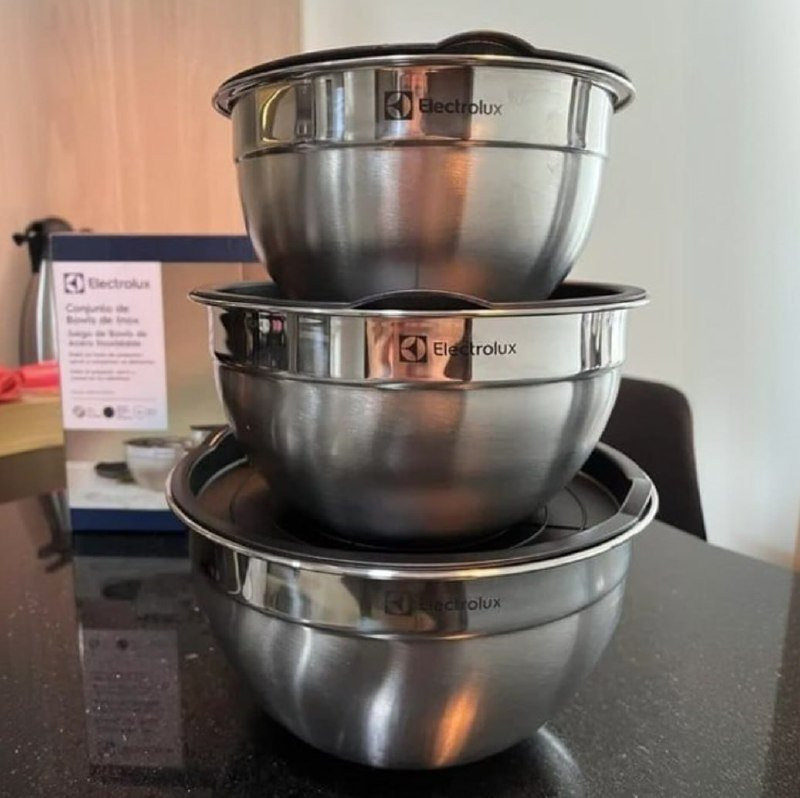 🥣 COMBO DE CUMBUCA Conjunto com 3 Bowls Tigelas Inox e Tampa Plástica Electrolux