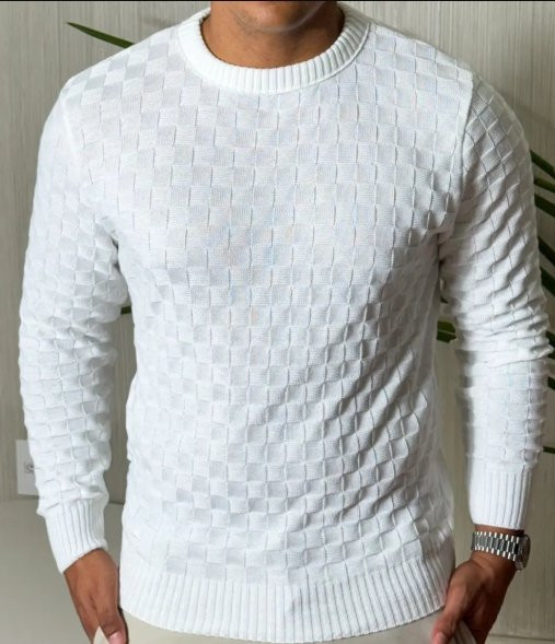 Suéter Masculino Lã Tricot Manga Longa Xadrez