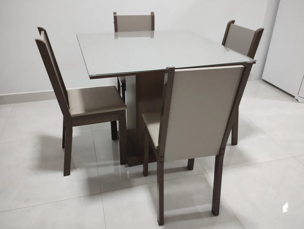 Conjunto Jantar Mesa Vidro 4 Cadeiras Bege