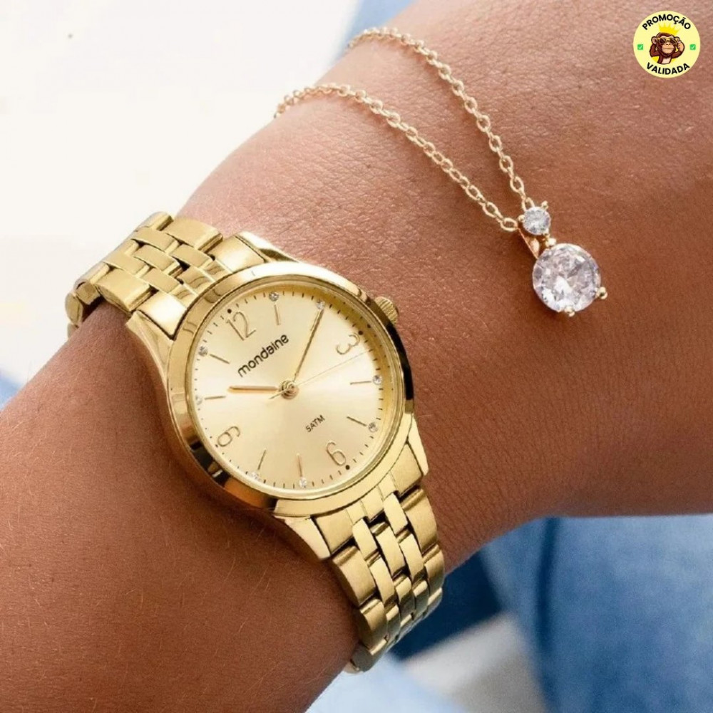 Kit Relógio Mondaine Pequeno Dourado E Colar De Cristal 32720lpmkde1k1