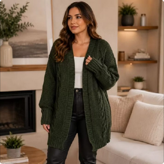 Casaco Cardigan Tricot Lã Trança 46-50