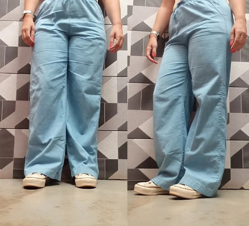 Calça Jeans Pantalona Wide Leg Cos Alto Com Elástico