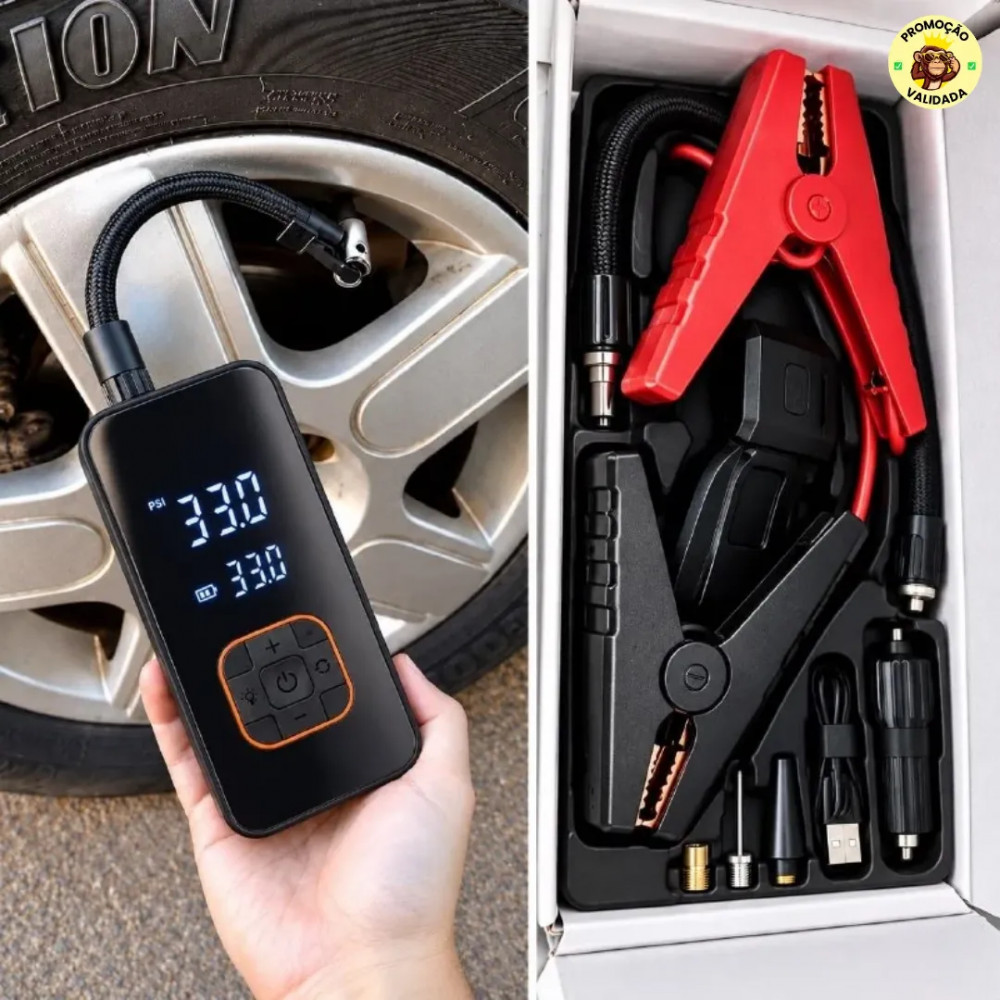 KIT SALVA VIDAS Kit Compressor de Ar Compacto 150 Psi Auxiliar de Partida Powerbank