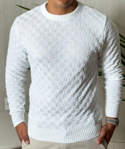 Suéter Masculino Lã Tricot Manga Longa Xadrez