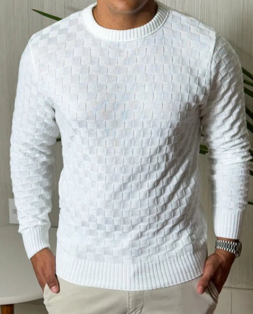 Suéter Masculino Lã Tricot Manga Longa Xadrez