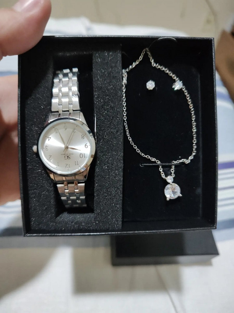 Kit Relógio Colar Brincos Luxo Prata