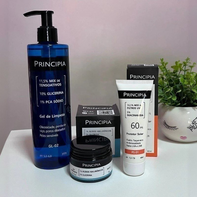 🧴 Kit Principia Skincare- Gel de Limpeza GL-02- Protetor Solar PS-01- Creme Hidratante CH-01