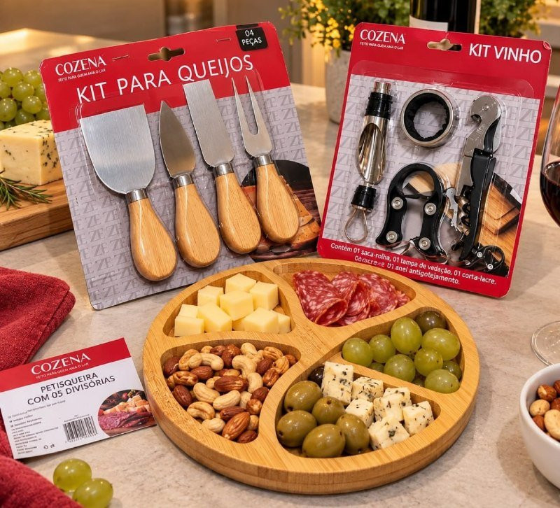 Kit Vinho 4 Peças + 4 Facas P Queijo + Petisqueira Presente