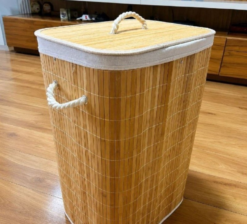Cesto de Roupa Bambu 72L com Forro de Linho