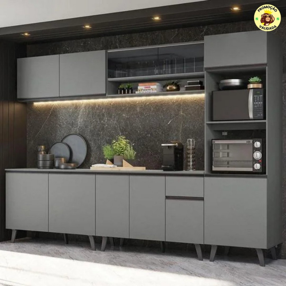 Armário de Cozinha Completa 300cm Cinza Nice Madesa 01