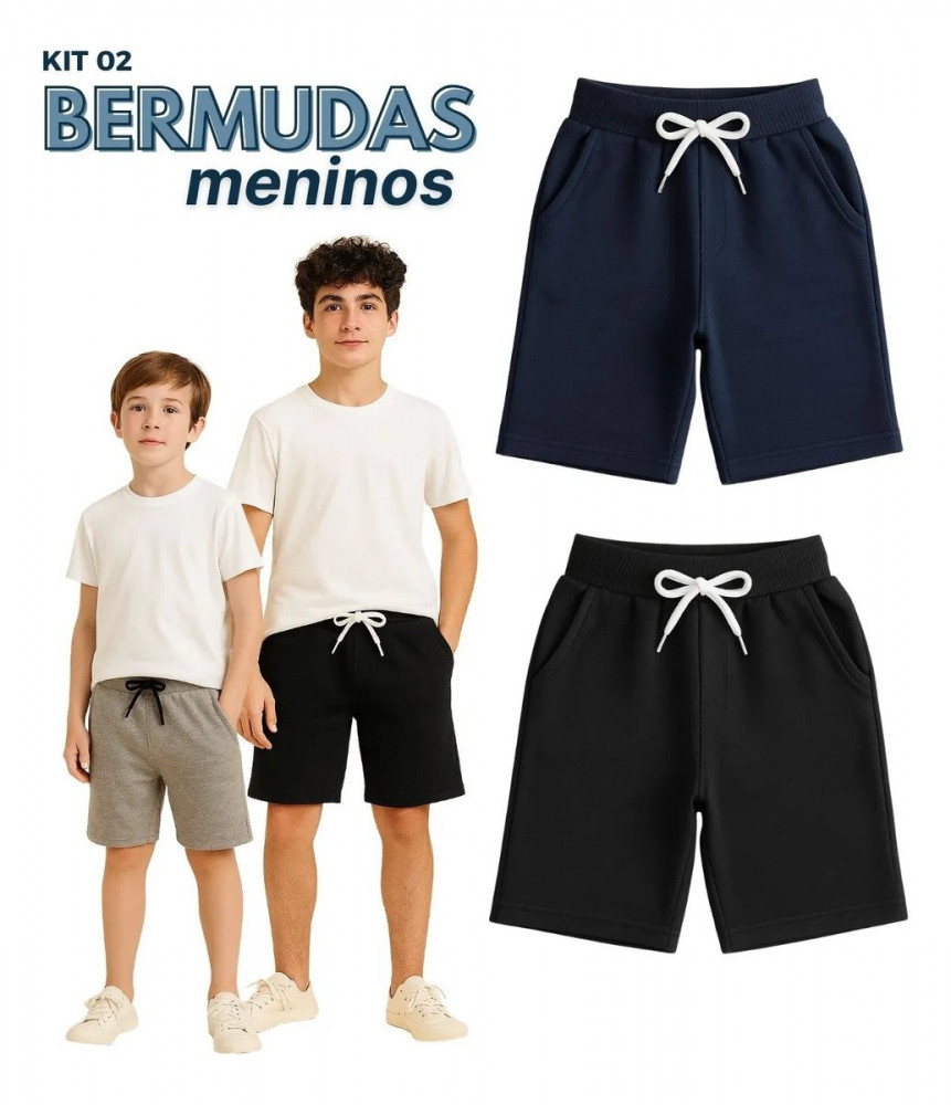 Bermuda Juvenil Meninos Kit 2 Básicas Lisas